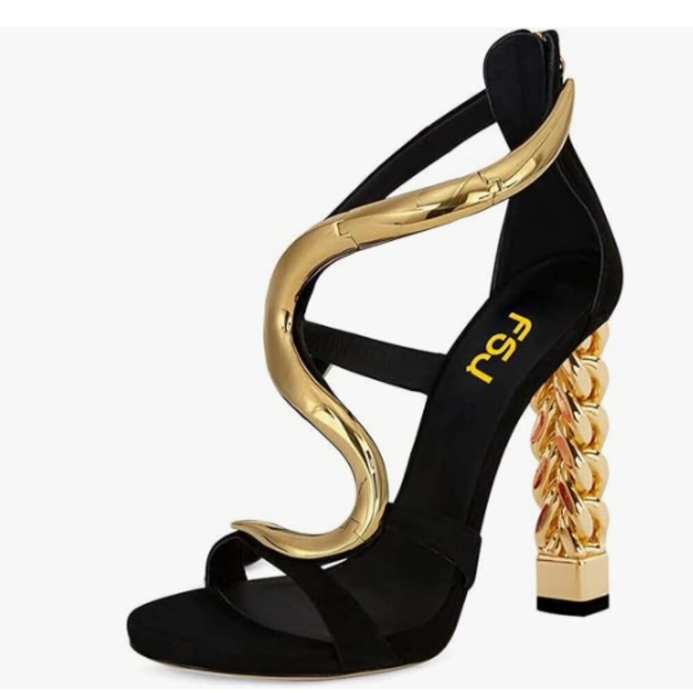 FSJ Gold S Gold Metal Chain Chunky High Heels Ankle Strap Sandals Open Toe Shoes